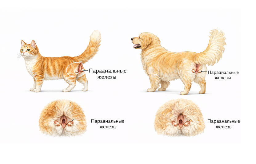 Анатомическая схема расположения параанальных желез у собаки/кошки (вид сбоку и сзади)